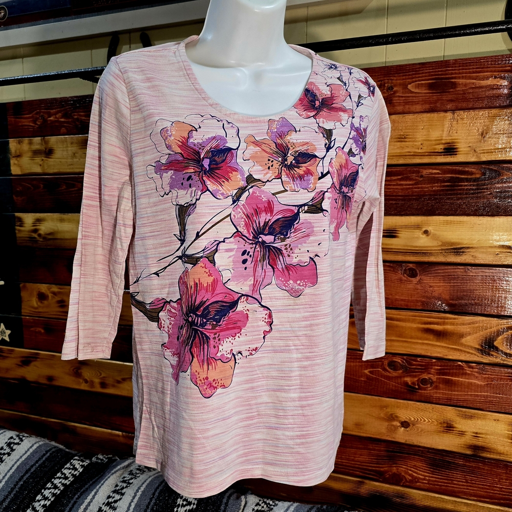 White Stag Pink Heathered Space Dye Floral Graphic 3/4 Sleeve Top Size Small 4-6